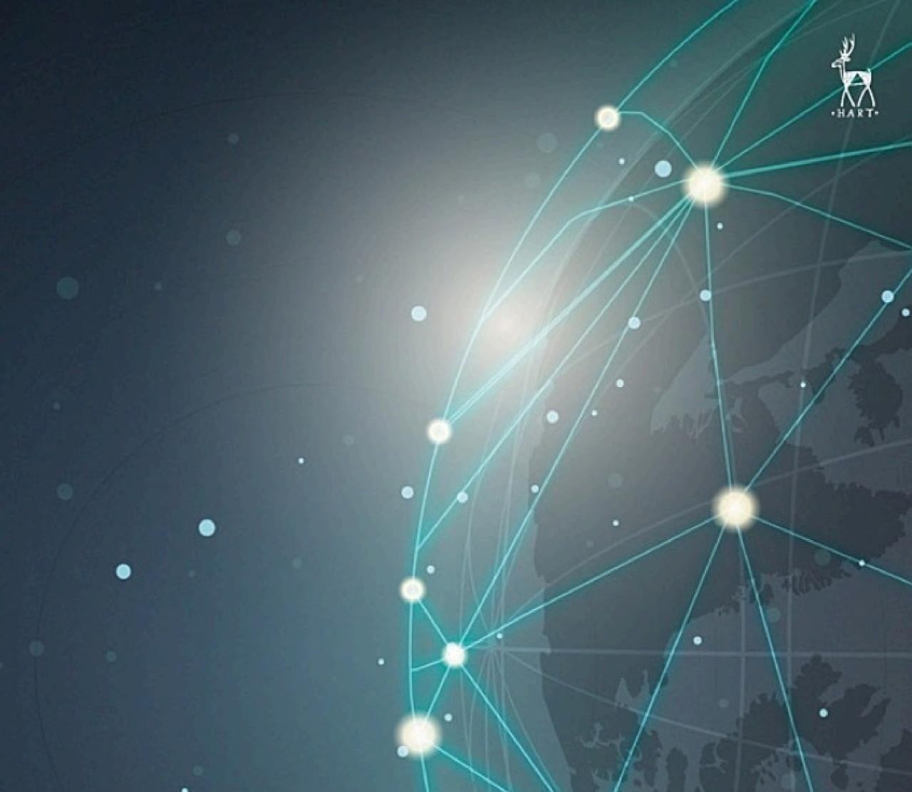 One side of a dark, navy globe with glowing lights representing cities. Bright turquoise lines arc between the cities to illustrate a global network.