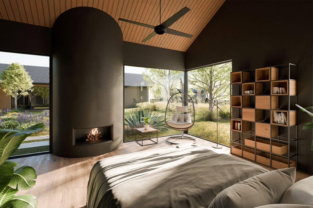 Spacious bedroom featuring large windows, a cozy fireplace, and contemporary decor for a relaxing at.