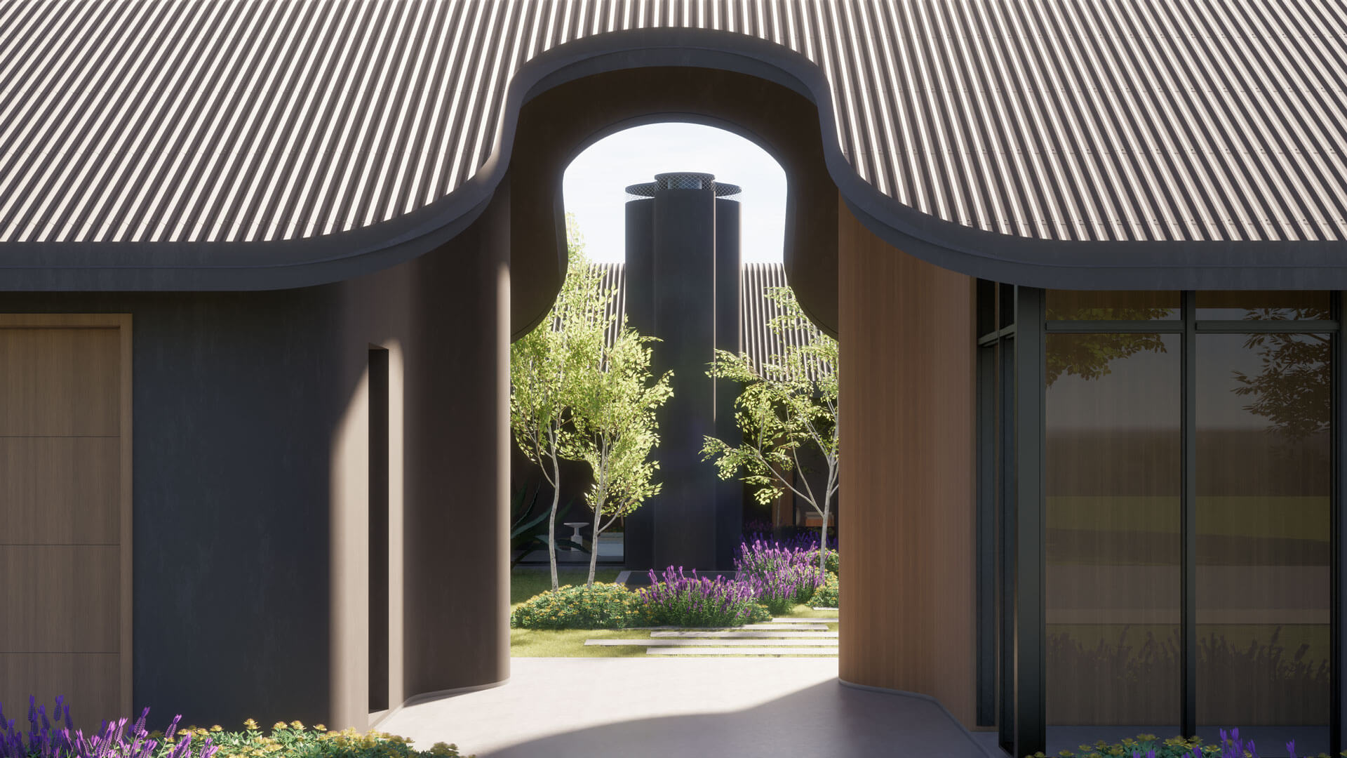 Design Philosophy Modern architectural entrance with lush landscaping and black cylindrical structures.