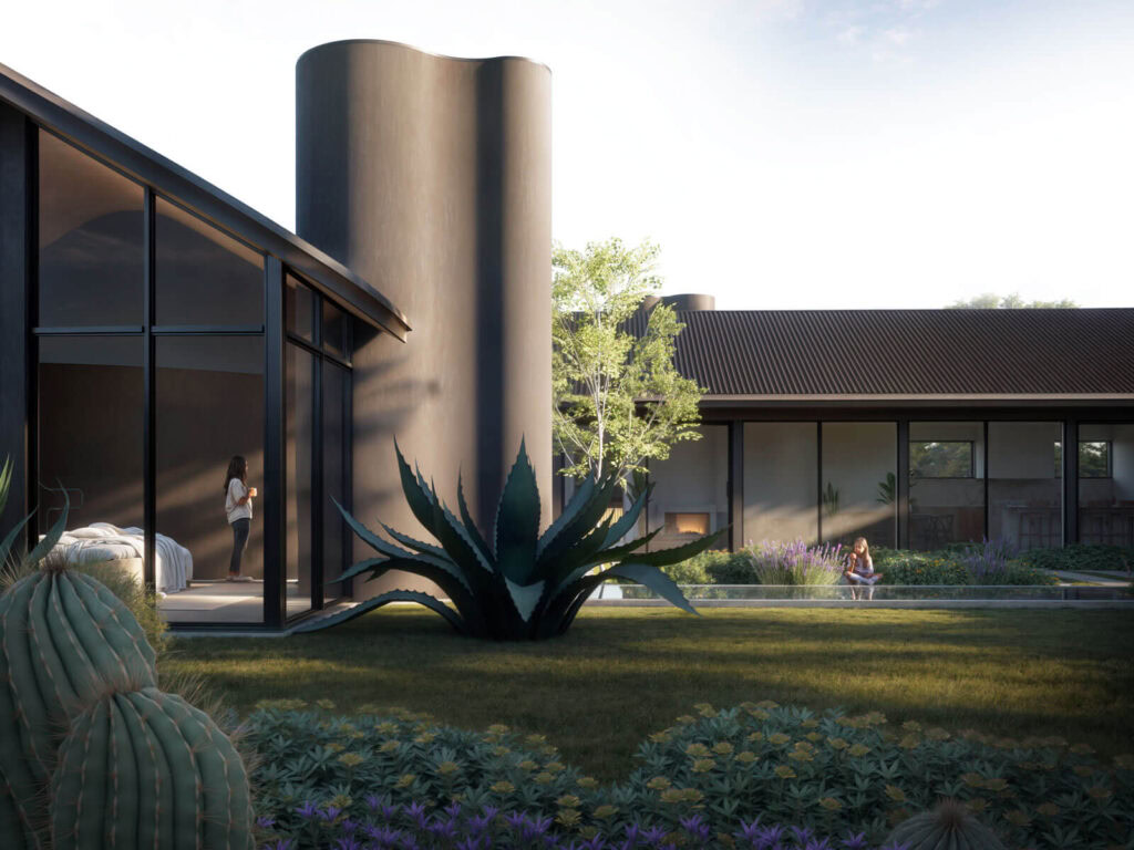 An architectural render of a modern home centered around a courtyard garden. On the left, a woman stands inside a glass-walled bedroom and a prominent agave plant, while a child sits in a garden bed with purple flowers on the right.