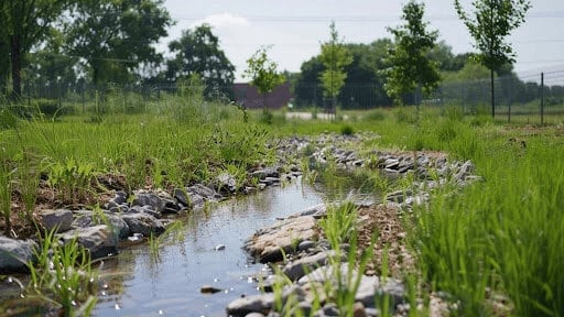 Natural stream flowing through green grass and trees in a rural setting.