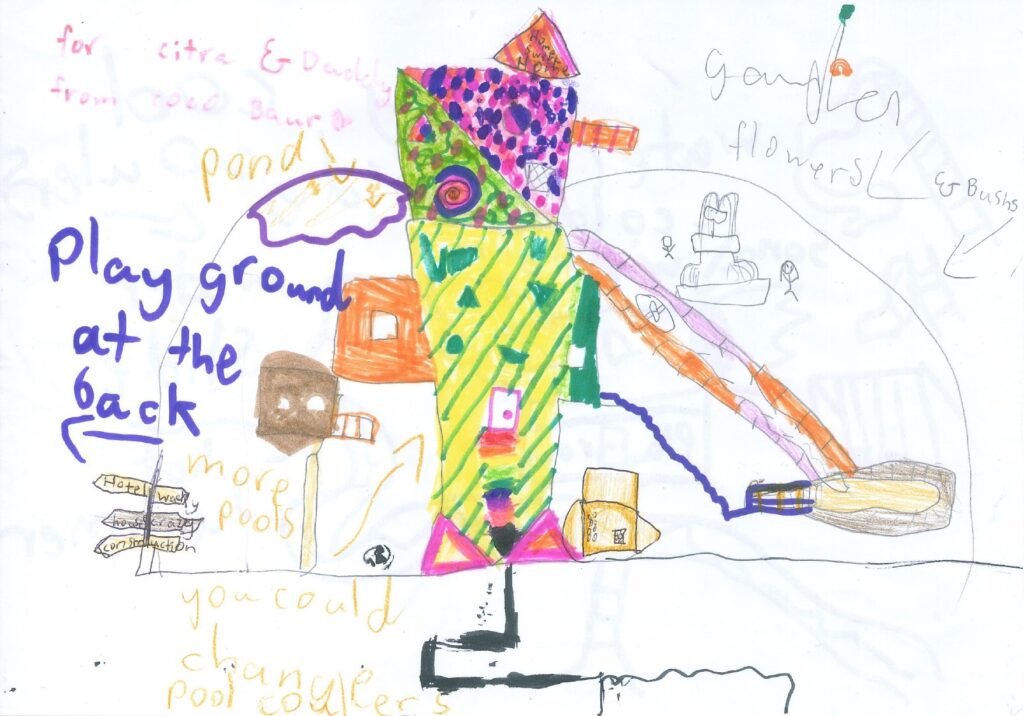 A colorful child's drawing of a highly imaginative house design, addressed "for Citra & Daddy from Coco Baur." The central structure is covered in bright green, purple, and orange patterns, surrounded by handwritten annotations pointing out features like a "pond," "playground at the back," and slides.